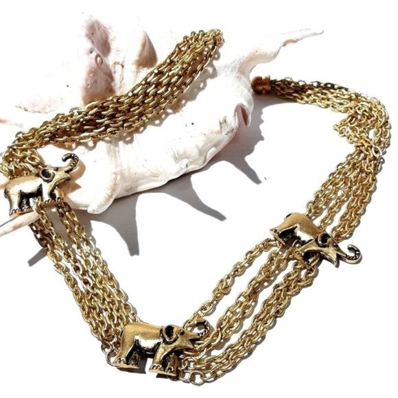 Multi 5 Strand Chain Elephant Necklace Gold-tone Choker Collar - Picture 1 of 5